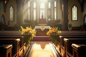 interieur van een kerk met een veel van bloemen in de voorgrond.begrafenis concept ai gegenereerd foto