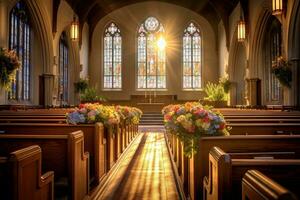 interieur van een kerk met een veel van bloemen in de voorgrond.begrafenis concept ai gegenereerd foto