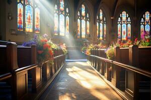 interieur van een kerk met een veel van bloemen in de voorgrond.begrafenis concept ai gegenereerd foto