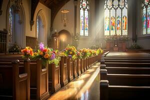 interieur van een kerk met een veel van bloemen in de voorgrond.begrafenis concept ai gegenereerd foto