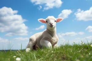 schattig lam Aan groen gras onder blauw lucht met wit wolken. ai gegenereerd foto