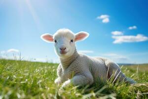 schattig lam Aan groen gras onder blauw lucht met wit wolken. ai gegenereerd foto