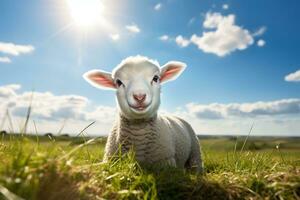 schattig lam Aan groen gras onder blauw lucht met wit wolken. ai gegenereerd foto