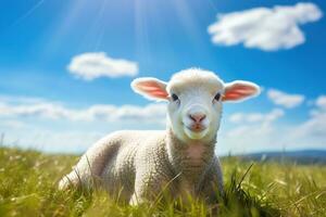 schattig lam Aan groen gras onder blauw lucht met wit wolken. ai gegenereerd foto