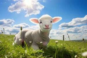 schattig lam Aan groen gras onder blauw lucht met wit wolken. ai gegenereerd foto