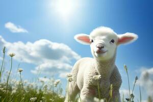 schattig lam Aan groen gras onder blauw lucht met wit wolken. ai gegenereerd foto