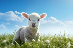 schattig lam Aan groen gras onder blauw lucht met wit wolken. ai gegenereerd foto