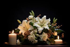 mooi bloemen en kaarsen Aan zwart achtergrond.begrafenis concept ai gegenereerd foto