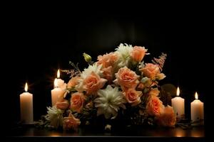 mooi bloemen en kaarsen Aan zwart achtergrond.begrafenis concept ai gegenereerd foto