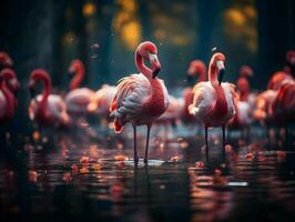 filmische foto van flamingo's. roze vogelstand in de meer. hoog kwaliteit. ai generatief