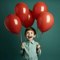 gelukkig jongen houdt helium ballonnen minimalisme. hoog kwaliteit. ai generatief foto