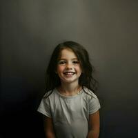 gelukkig 7 jaar oud meisje Aan donker achtergrond. hoog kwaliteit. ai generatief foto