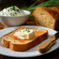 gesneden brood met boter en kaas Aan houten tafel gegenereerd met ai foto