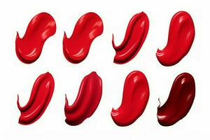 elegant rood lippenstift uitstrijkjes reeks geïsoleerd Aan wit achtergrond. genereren ai foto