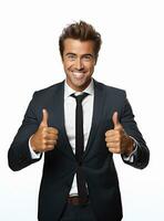 ai generatief foto gelukkig zakenman shows duimen omhoog teken in pak geïsoleerd Aan wit