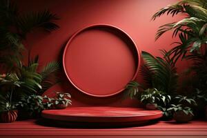 3d geven van rood achtergrond met tropisch bladeren en podia, 8k door generatief ai foto