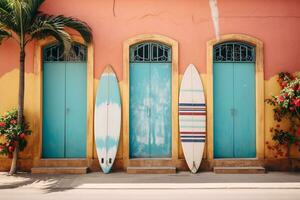 kleurrijk surfboard muur. strand oceaan zomer vakantie reizen levensstijl fotografie. ai generatief foto