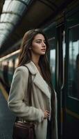 ai gegenereerd mooi jong vrouw in een vacht jas met een rugzak Aan de platform van een trein station foto