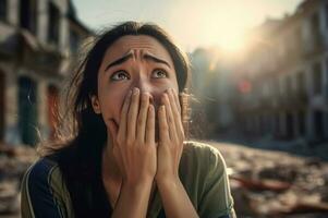 vrouw huilen na aardbeving. genereren ai foto
