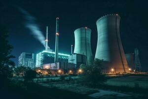 nucleair macht fabriek nacht ecologie lucht. genereren ai foto