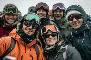 selfie van mensen vervelend ski uitrusting seizoen. genereren ai foto