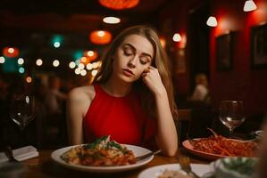 prachtig vrouw in rood jurk Bij romantisch datum. genereren ai foto