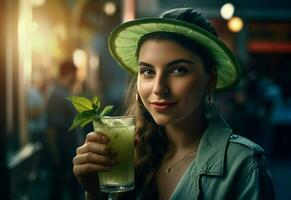 vrouw houdt verfrissend drinken water. genereren ai foto