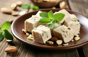 bord stuk halva Aan houten tafel. genereren ai foto