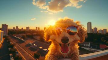 schattig hond in zonnebril Aan de achtergrond van de stad Bij zonsondergang. ai gegenereerd foto
