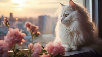 mooi wit kat zittend Aan de venster dorpel met roze bloemen in de stad. ai gegenereerd foto