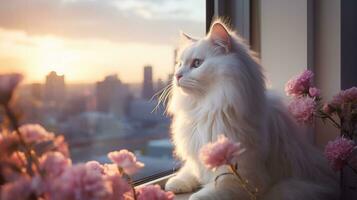 Perzisch kat met roze bloemen Aan de vensterbank Bij zonsondergang. ai gegenereerd foto
