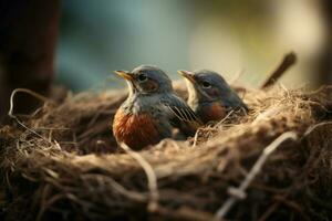 vogelstand paar zittend in nest. genereren ai foto