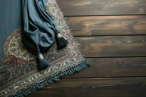 moslim gebed hoek tapijt Aan houten vloer. genereren ai foto
