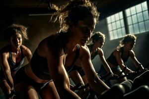 groep van sport Dames Aan Sportschool fiets. genereren ai foto