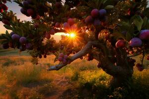 Pruim rijp boom zonsondergang natuur boerderij. genereren ai foto