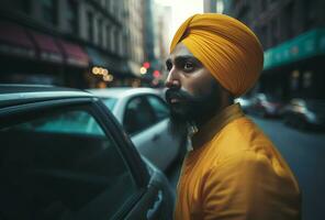 Sikh volwassen geel kleding taxi bestuurder. genereren ai foto