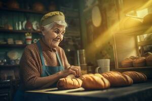 gepensioneerd vrouw werken Bij bakkerij winkel voedsel. genereren ai foto