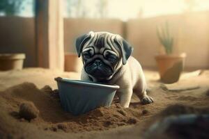mopshond puppy in zandbak hondje. genereren ai foto