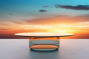 leeg ronde glas tafel met zonsondergang lucht achtergrond. ai generatief foto