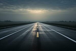 leeg snelweg in de vroeg ochtend- mist. ai generatief foto