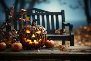 een eng halloween pompoen jack o'lantern Daar waren onheil gezichten en ogen Aan de houten bank. tafel met nevelig achtergrond met ruimte voor producten door generatief ai. foto