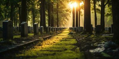 een begraafplaats voor de dood met rijen van heilig grafstenen. elk teken vertelt een verhaal. de concept van de erfenis van die verloren in oorlog door generatief ai. foto