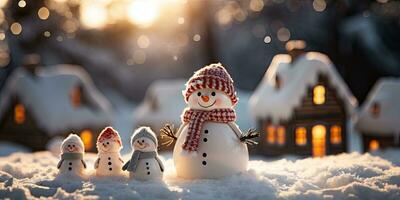 een schattig glimlachen sneeuwman in de grootste van de sneeuw met een achtergrond. bokeh een Kerstmis boom en huis de berg. zijn een wazig achtergrond. generatief ai foto