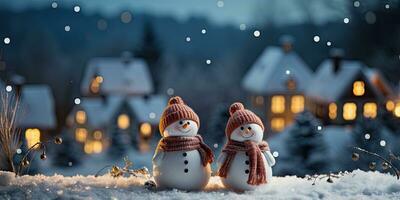een schattig glimlachen sneeuwman in de grootste van de sneeuw met een achtergrond. bokeh een Kerstmis boom en huis de berg. zijn een wazig achtergrond. generatief ai foto