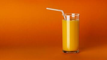 een glas sinaasappelsap op oranje achtergrond met kopie ruimte foto