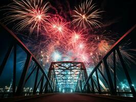 ai gegenereerd nieuw jaar viering vuurwerk over- brug hieronder stedelijk stad. foto