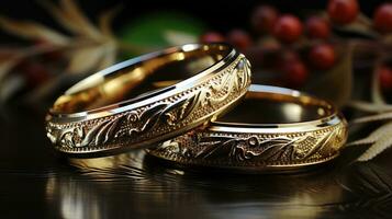 mooi paar bruiloft ringen presentatie symboliseren de eeuwigdurend binding van liefde en inzet. sieraden goud diamant ring voor bruiloft verjaardag, valentijn, of verloving. ai gegenereerd foto