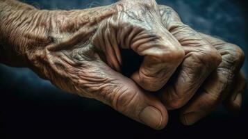 een oud personen handen kijken gerimpeld, vol detail. ai gegenereerd foto