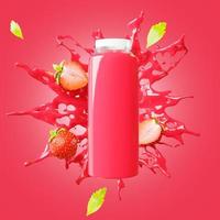 een fles die wordt gebruikt voor het bevatten van aardbeiensap met aardbeien.