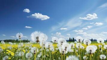 veld- met paardebloemen en blauw lucht, generatief ai foto